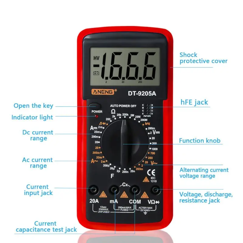 OOTDTY DT9205A Digital Multimeter hFE AC DC Triode Diode Resistance Amp Electric Tester A5YD | Инструменты