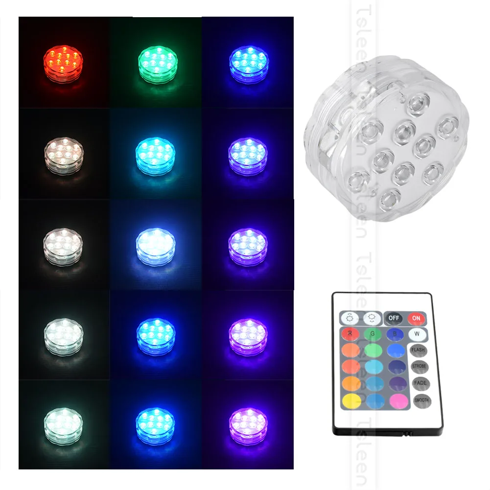 

10 leds Battery Operated RGB Led Submersible Light Underwater Night Lamp Garden Swimming Pool Light for Wedding Party Vase Bowl