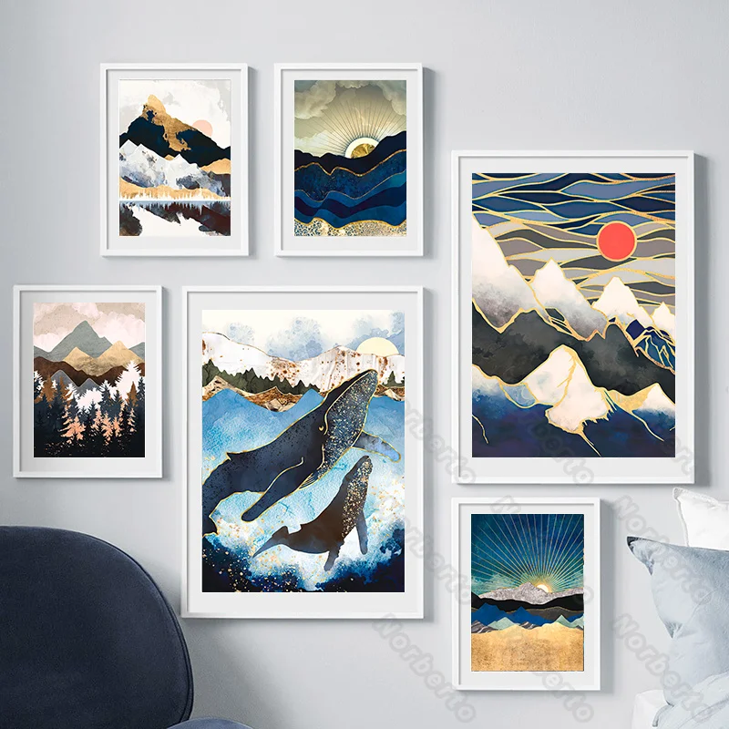 

Modern Canvas Painting Poster Art Landscape Pictures Deep Blue Mountains Forests Golden Lines Red Sun for Home Rooms Wall Decora