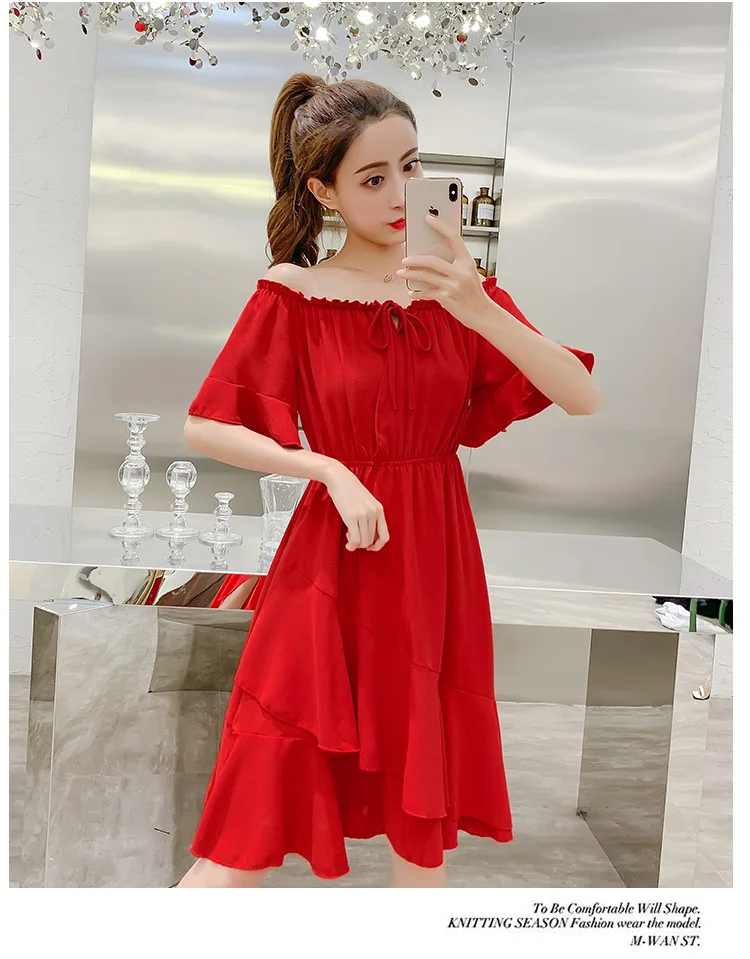 

2021 new small fresh pure color Chiffon beach skirt off shoulder one shoulder dress women's summer seaside holiday