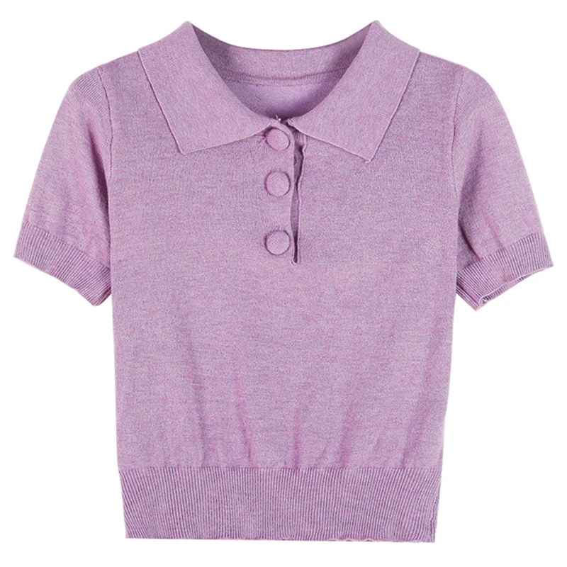 Women's Knitted Sweater Purple Slim Casual Korean Crop Sweater Short Sleeve Polo Student Sweaters Pull Femme 2021 Summer Tops