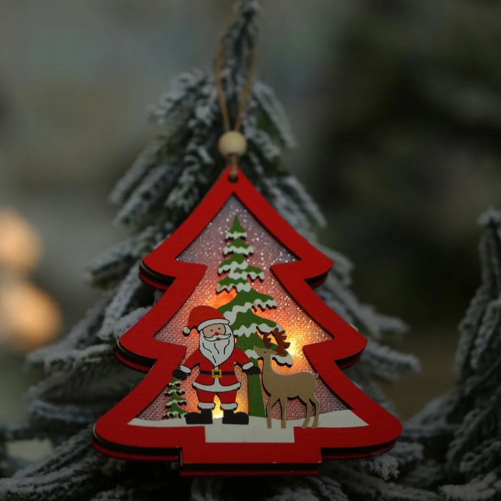 

Christmas Tree Ornament Lamp LED Light Wooden Santa Claus Xmas Hanging Pendant For Home Pendant For New Year 2022