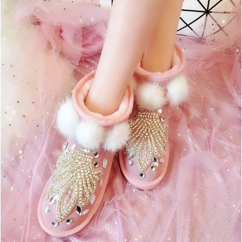 2019 Зима Новый Ручной Работы Стразы кожаная короткая труба зимние ботинки женские