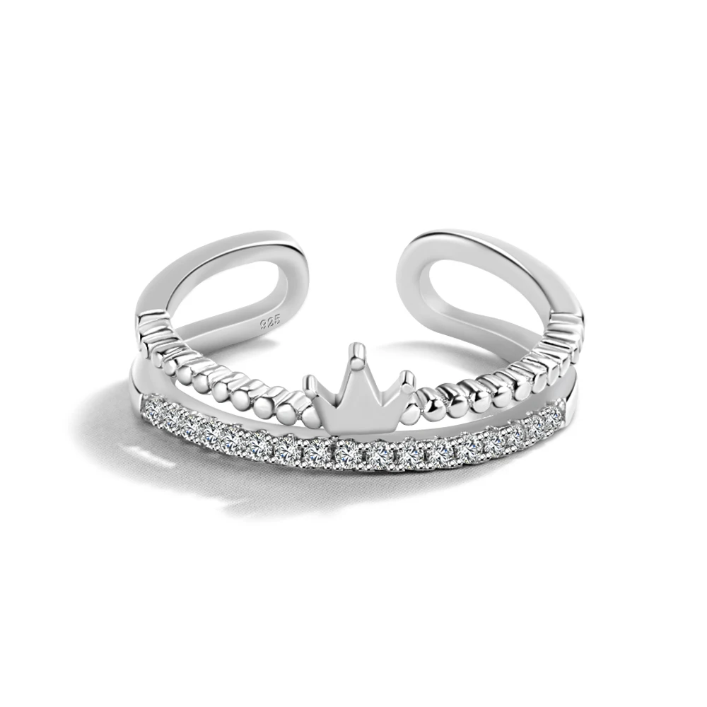 

925 Sterling Silver New Woman Fashion Jewelry High Quality Zircon Crown Open Ring Size Adjustable Ring