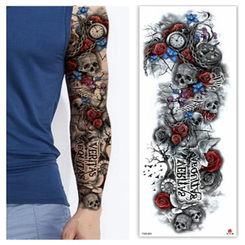 

Large Arm Sleeve Tattoo Eye Peony Cross Waterproof Temporary Tatoo Sticker Skeleton Clock Fly Bird Men Totem Tatto