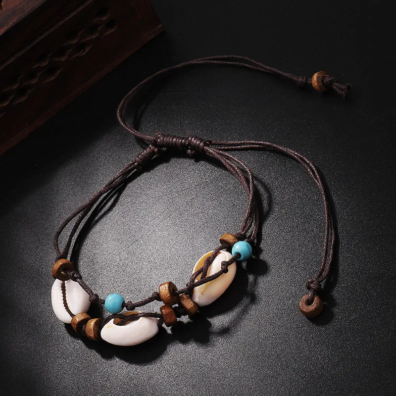 

Boho Natural Sea Shell Stone Anklets For Women Wood Bead Seashell Ankle Bracelet On Leg Foot Chain Wax Rope Anklet Beach Jewelry