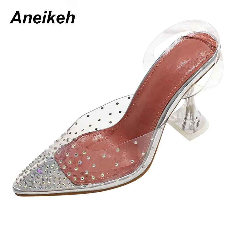 transparent Aneikeh блестящие прозрачные женские босоножки из ПВХ; туфли на высоком каблуке с острым носком, украшенные кристаллами; женские туфли-лодочки из плексигласа на шпильке с ремешком сзади - Цвет: transparent