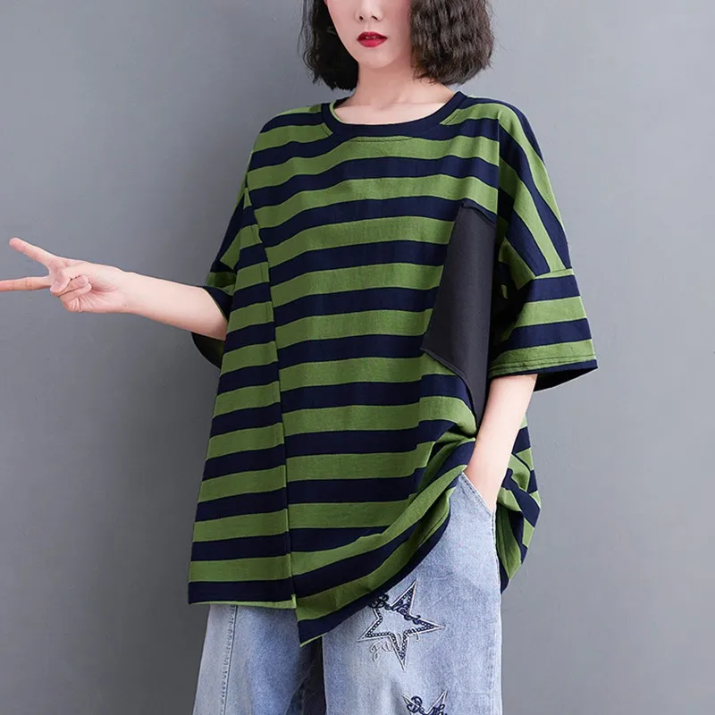 

Oversized Women Cotton Casual T-shirts New Arrival 2021 Summer Simple Style Vintage Striped Loose Female Tops Tees S3960