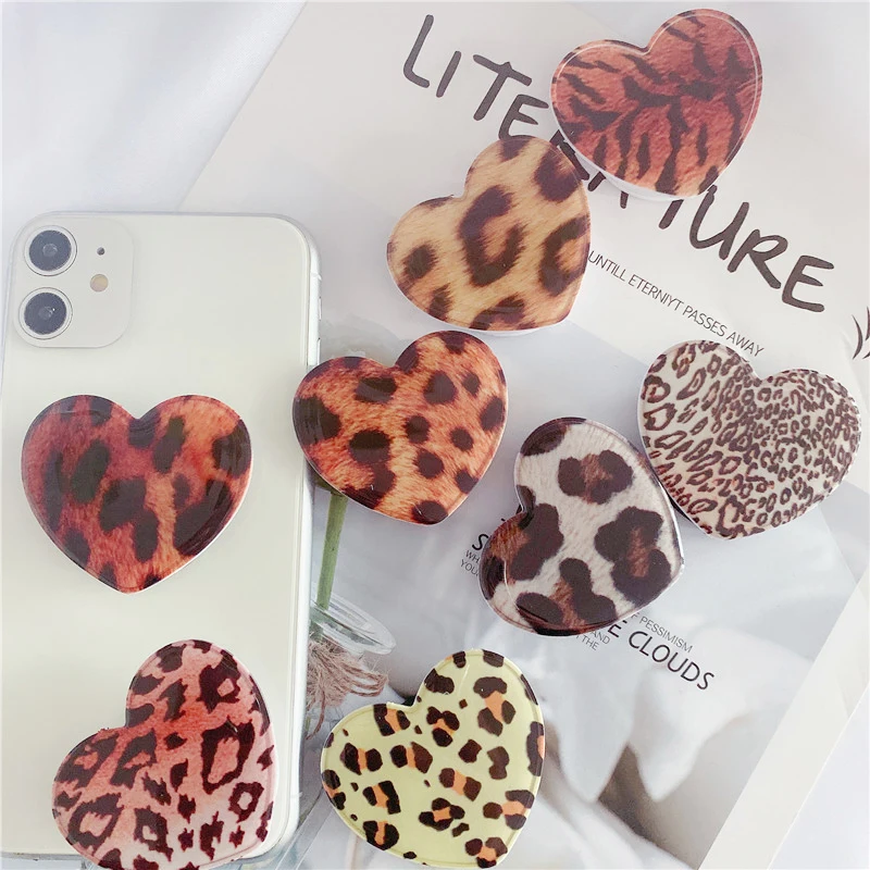 

New Epoxy Leopard Print Heart-shaped Telescopic Folding Phone Desktop Stand Portable Gift