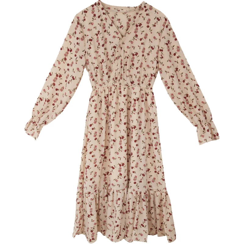 

High Quality Chiffon Long Dress Maxi Summer Robe Floral 2021 Boho for Girl One Piece Women Long Sleeve Clothing Female Plus size