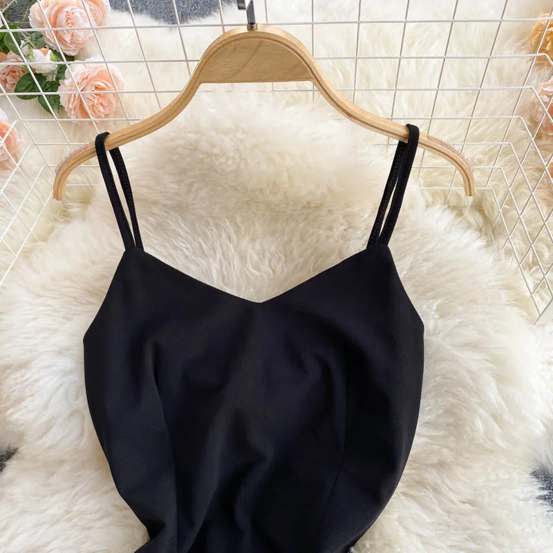 

Sexy V-neck Spaghetti Strap Women's Dress Black Sleeveless Slim High Waist Rhinestone Decoration Irregular Ruffles Party Dress