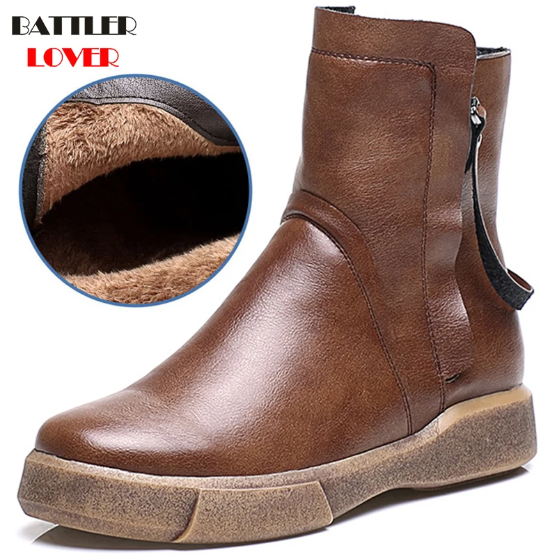 2019 Autumn Women's Boots Leather Flat Middle Female Casual Shoes Winter Fleece Platform Motorcycle for Women | Обувь