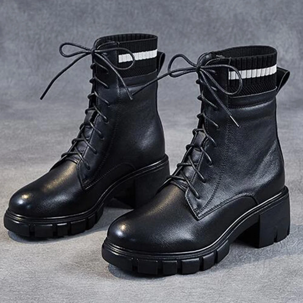 

Autumn Genuine Leather boots platform Thick heel boots winter women shoes British style Lace up Ladies boot botas de mujer ay119