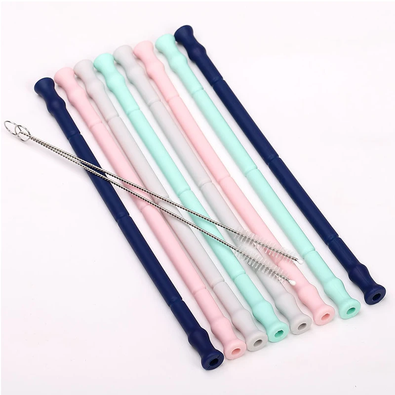 Collapsible Silicone Straw Reusable Folding Drinking Straw with Carrying Case and Cleaning Brush for Travel, Home, Office Drinks
