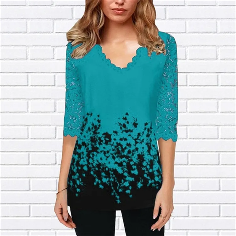 

Big Size 4xl 5XL Shirt Blouse Female 2021 Summer New Tops V-neck Half Sleeve Lace Splice Print Plus Size Women Shirt