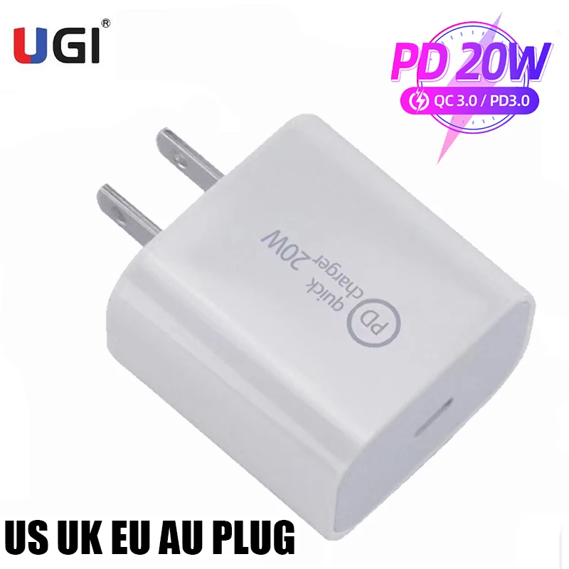 

Быстрое зарядное устройство UGI 20 Вт PD с вилкой Стандарта US/UK/EU/AU, USB C, для путешествий, для iPhone 12, 11 PRO MAX, Mini, Samsung, Xiaomi, RedMi