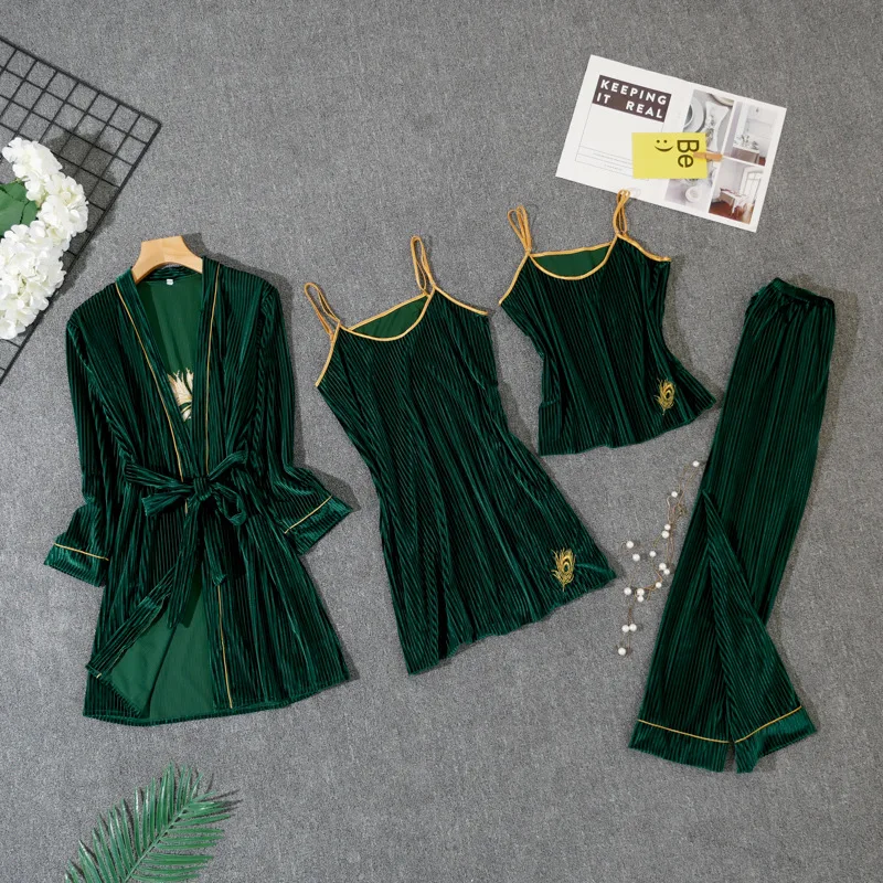 

Winter New Female Sleepwear Kimono Bath Gown Sexy 4PCS Robe Set Soft Velour Sleepwear Nightgown Lougne Nightwear Home Clothes