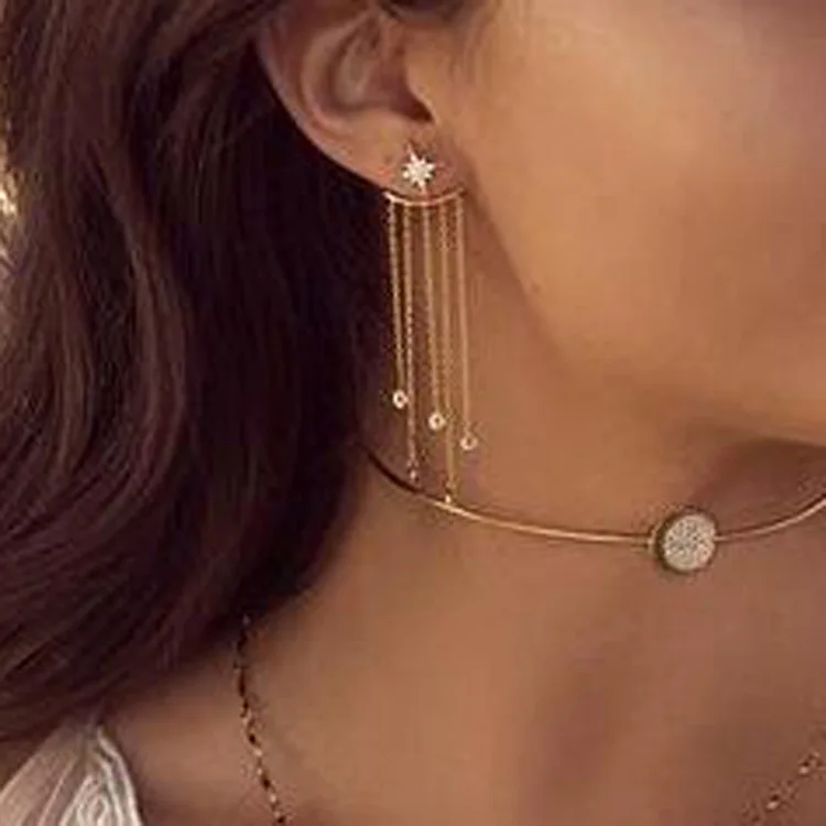 

Six-pointed Star Tassel Long Earrings Elegant Back Hanging Ladies Fashion Earrings Simple And Versatile Temperament Jewelry
