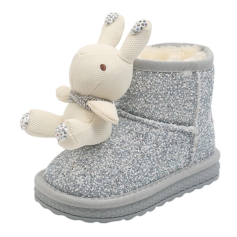 

16-19cm Brand Cute Cartoon Ankle Snow Boots,Bling Glett Silver Black Winter Shoes With Thicker Plush For Princess Party Wedding