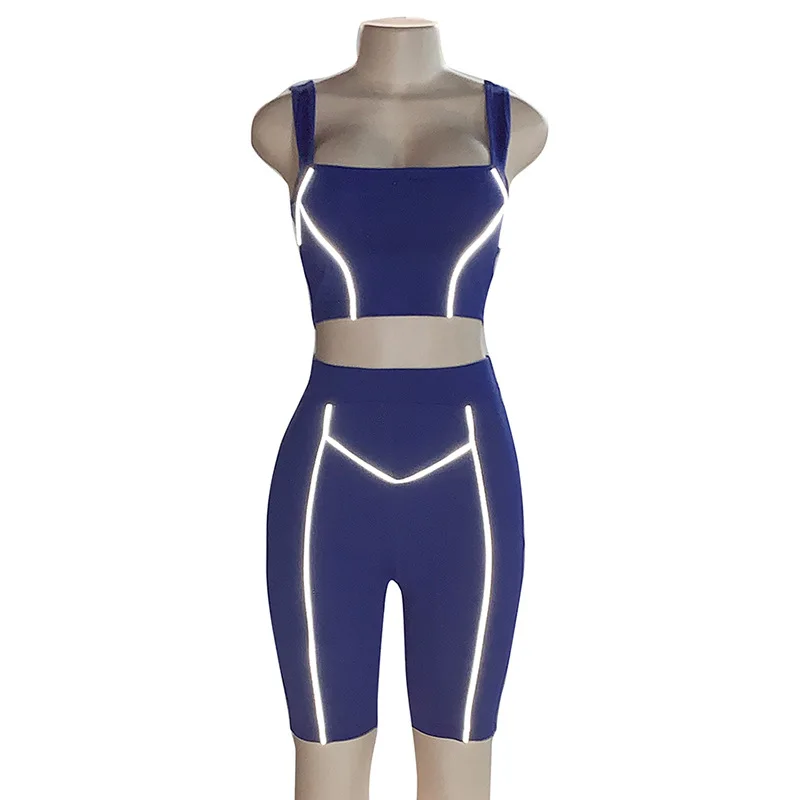 

HAOYUAN Sexy Reflective Stripe Two Piece Set Tracksuit Women Matching Sets Summer Outfits Crop Top and Biker Shorts Sweat Suits