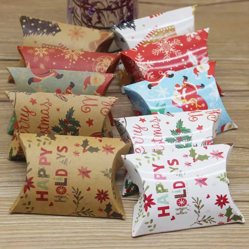 

9x7x2.5cm 10Pcs Christmas Pillow Shape Candy Box Paper Gift Packaging Bag Candy Boxes Wedding Favors Birthday Party Decor