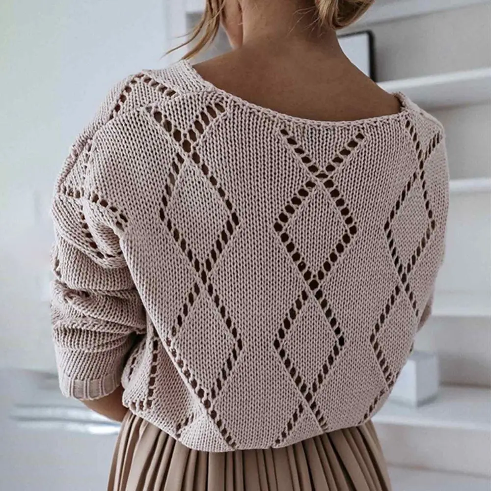 

HEFLASHOR Argyle Hollow Sweater Women Solid Color Sexy V-neck Sweaters Women Spring Autumn Pullovers Casual Tops Knit Sweater