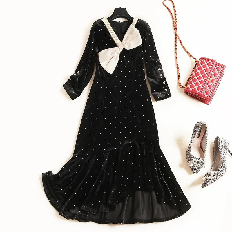 

Vintage V Neck Dot Long Sleeve Black Velvet Dress 2020 Spring Winter Women Elegant Bow Midi Ruffle Party Dress
