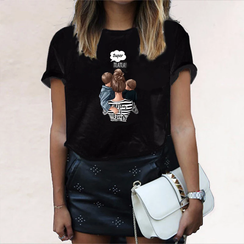 

T Shirts Summer Mom and Child Print Lady Harajuku O Neck Fashion Vintage Short Sleeve Tee Tops Female T-Shirt New 2021