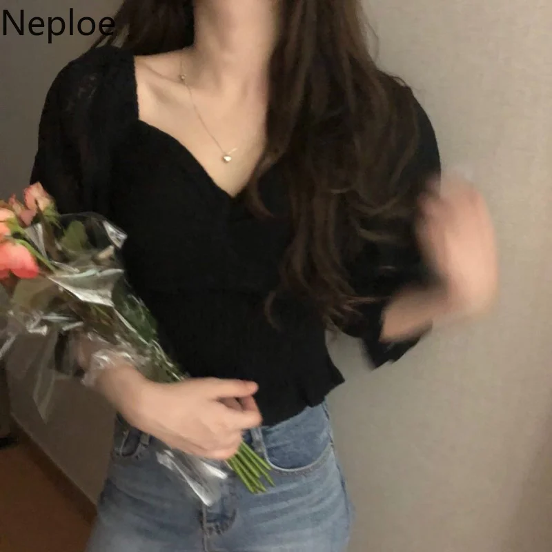 Neploe/Корейская Тонкая Блузка Ins Ghost Horse для девочек пышная блузка с v образным