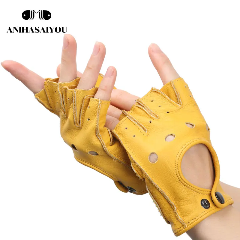 Винтажные мужские перчатки желтые без пальцев износостойкие для вождения