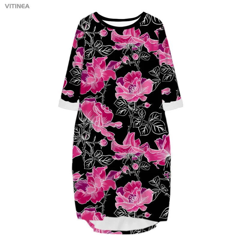 

vitinea New Fashion 3D Print Long Premium Animal and flower Pocket Loose Casual Robe Summer Dress Traf For Women A01