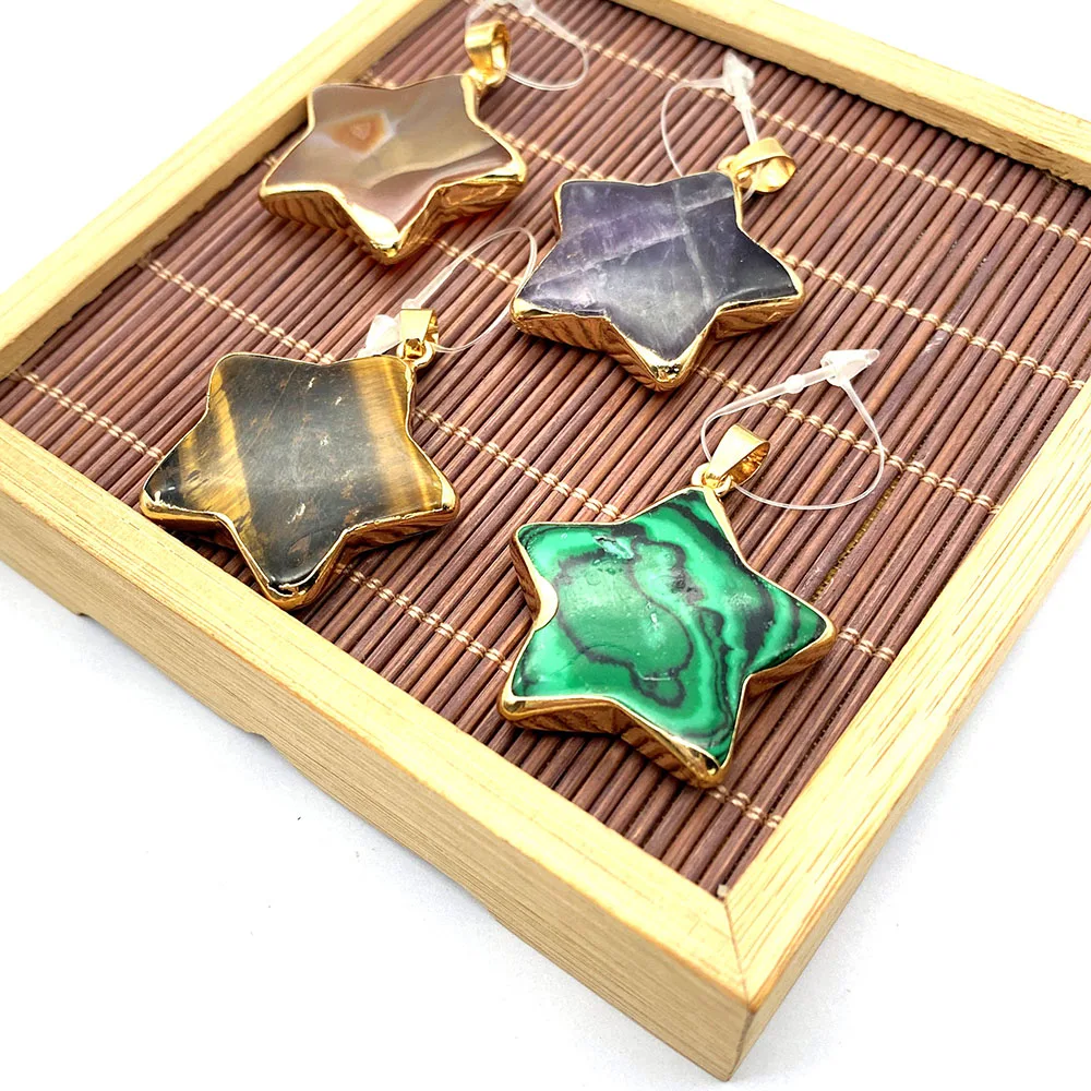 

Natural Stone Pendant Pentagram Brown Yellow Green Tiger Eye Malachite Fashion Ladies Jewelry Pendant Bracelet Necklace