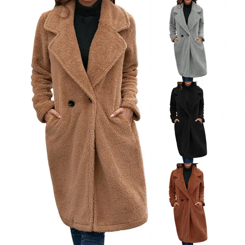 

Women Coat Solid Color Double-breasted Plush Cardigan Winter Jacket for Shopping