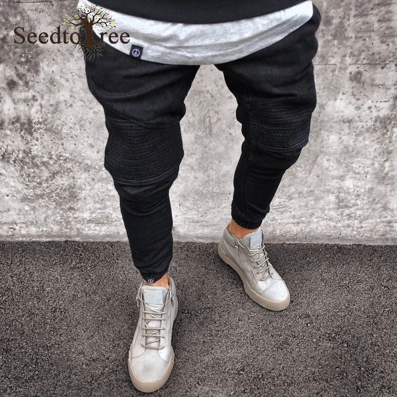 Solid Color Pleated Casual Men's Jeans Ankle Length Pencil Pants Slim Denim Trousers