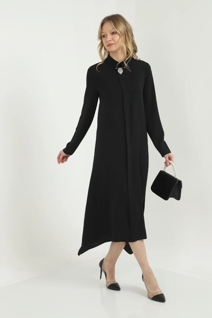 

Black Brooch Detail Asymmetric Cut Long Tunic new season modern design long-sleeve plus size colar stone detail elegant female top clothing