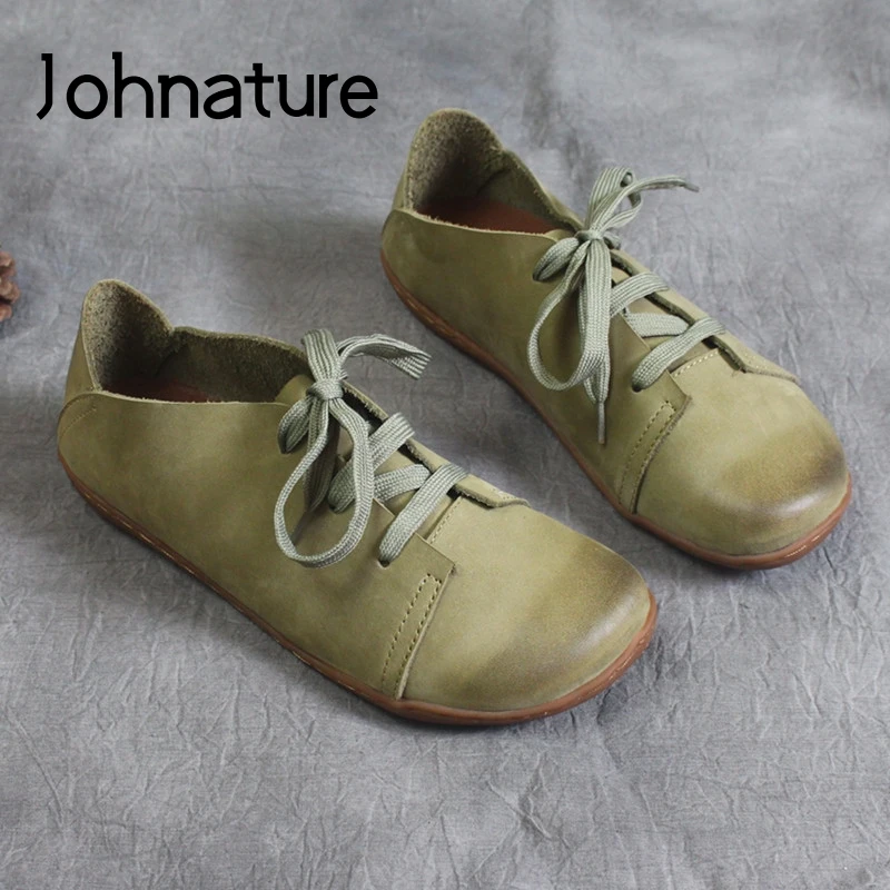 

Johnature Genuine Leather Flats Women Shoes Spring/Autumn 2022 New Lace-Up Handmade Soft Retro Comfortable Concise Ladies Shoes