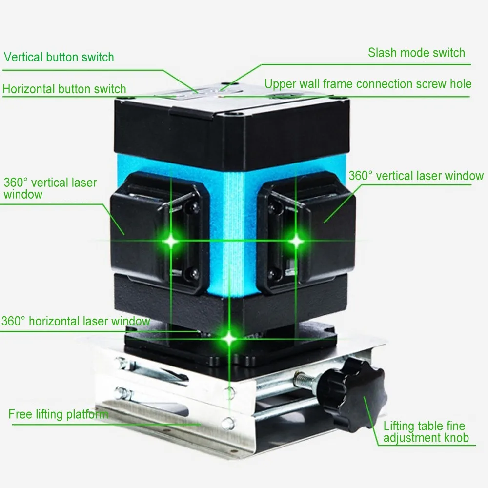 Лазерный 3D уровень 12 линий зеленый лазер с подъемным столом Треногой верхней