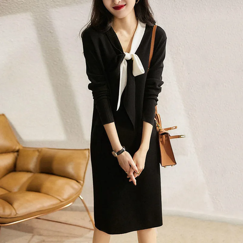 

Fashion Pullovers Sweaters Dresses For Women Elegant Elastic Soft Long Sleeve Dress Robe Femme High Street Knitted Dresses Q5255