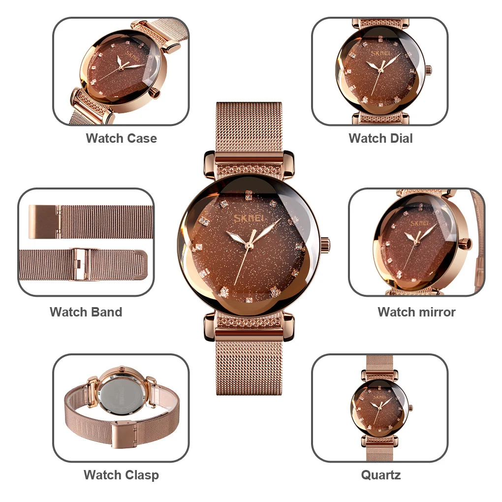 

SKMEI Fashion Women Watches Sport Ladies Watch Stainless Steel Mesh Band Quartz Wrist Watches 3Bar Waterproof Watch Reloj Mujer