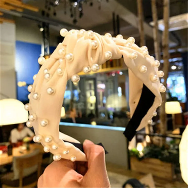 

Delicate Chic Broadside Pearl Knotted Fabric Multicolor Headdress Headband For Women Girls Wash Face Hairpin Hair Jewelry
