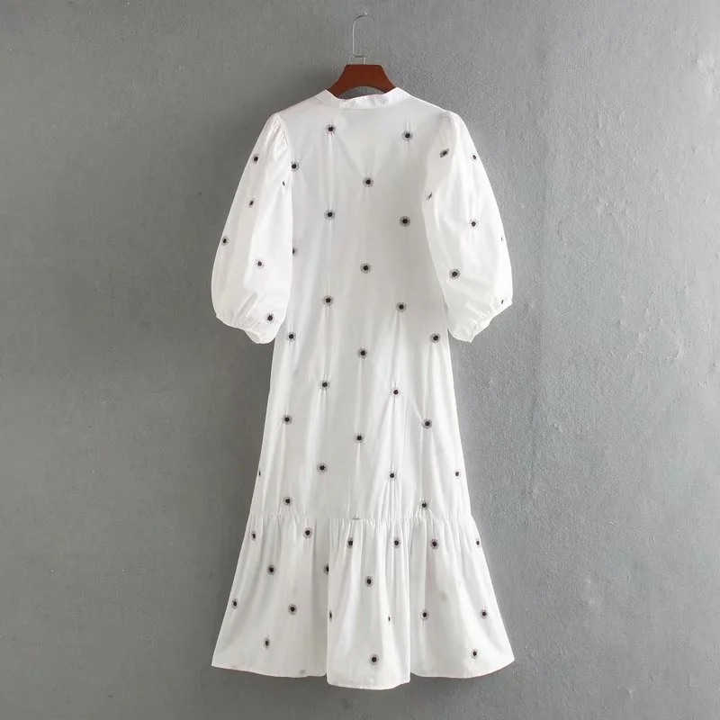 

2020 women vintage lantern sleeve flower embroidery midi shirtdress female hem pleats vestidos chic casual loose dresses