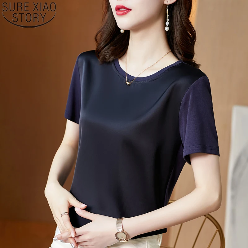 

Blusas Mujer De Moda 2022 Verano Elegantes Satin Silk Short Sleeve Blouse Model Fashion Office Lady O-neck Women Tops 13378