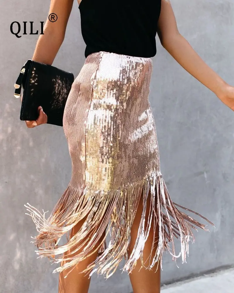 QILI Женская юбка карандаш с блестками и кисточками натуральная Талия боковая