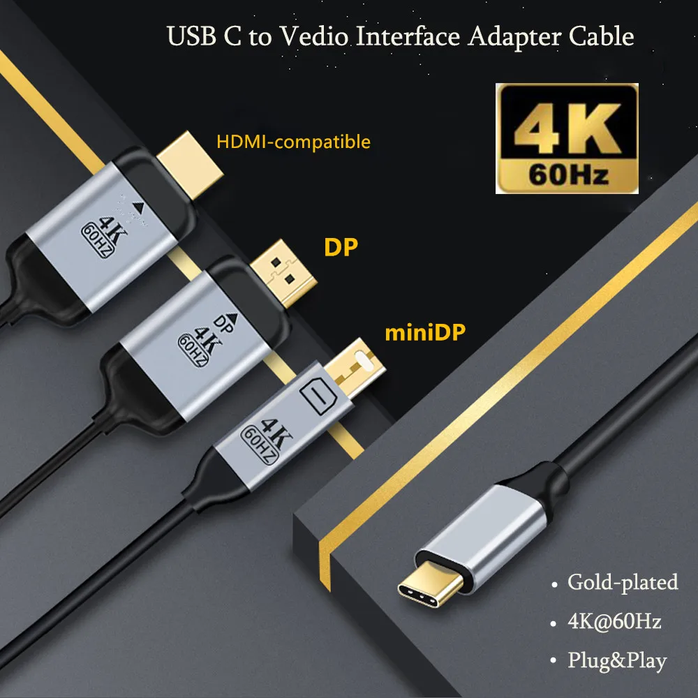 

USB 3.1 Type-C to HDMI-compatible/DP/Mini DP Adapter for MacBook Samsung 4K@60Hz USB-C to HDMI-compatible Thunderbolt 3 Cable