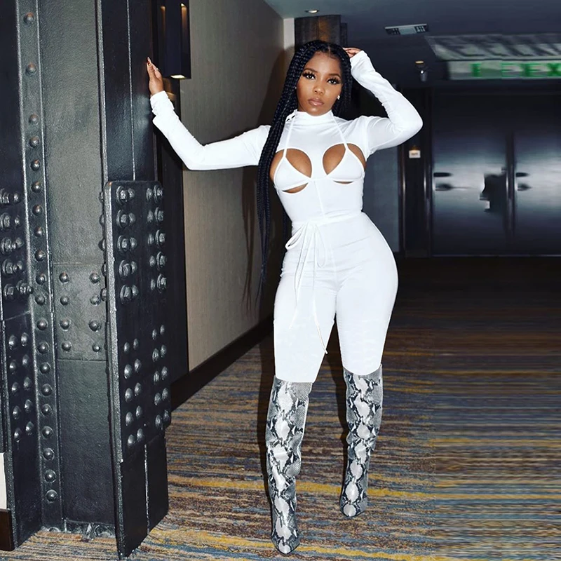 Комбинезон женский облегающий с длинным рукавом Модный Белый спортивный ромпер
