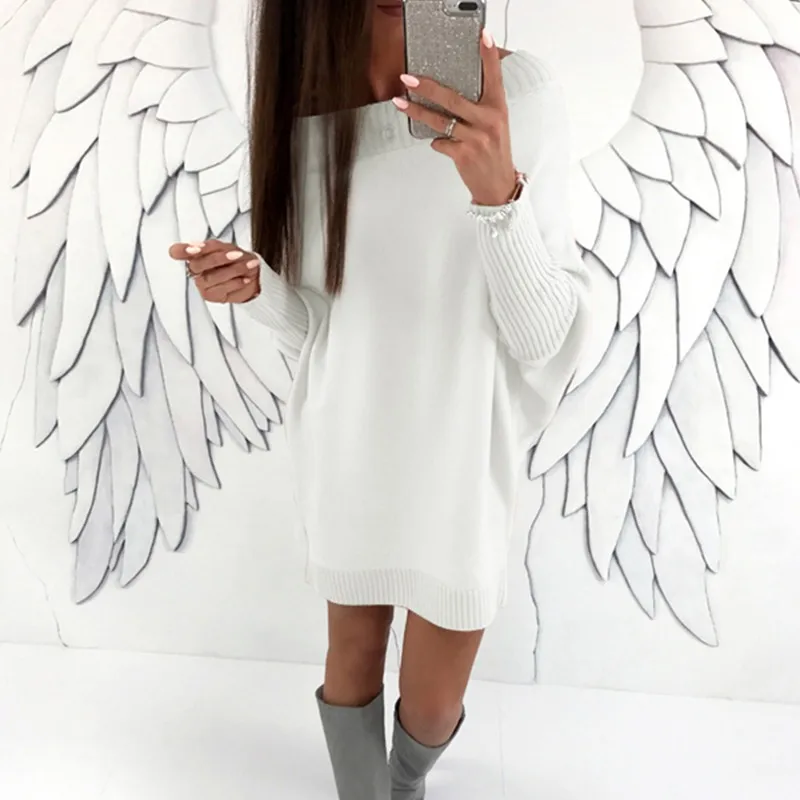 

Autumn Winter Women Knitted Dress Female Vestidos Solid Long Sleeve Knitting Pullover Sweater Dresses Casual Off the Shoulder