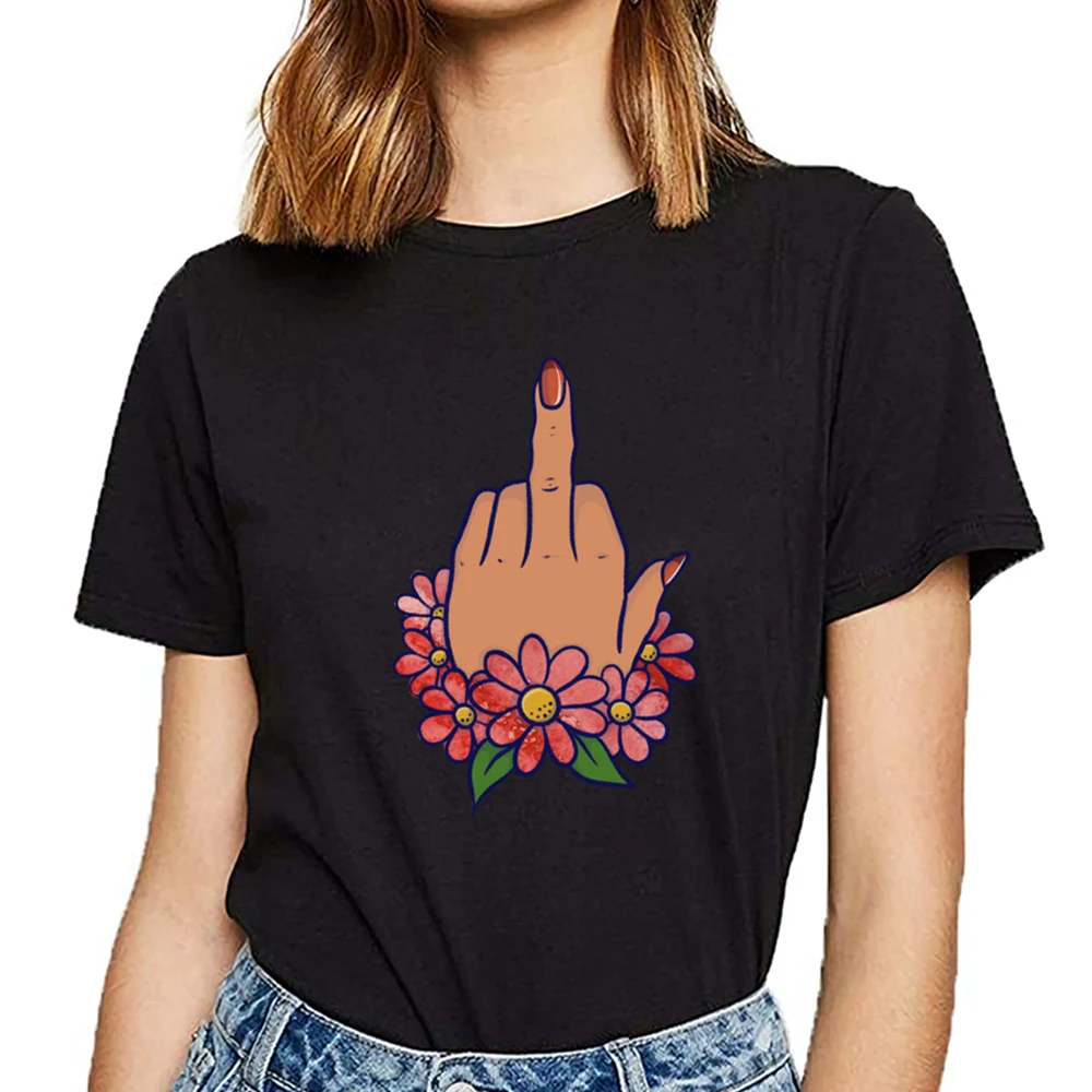 

Tops T Shirt middle finger floral art Summer Harajuku Cotton Female Women's T-shirt
