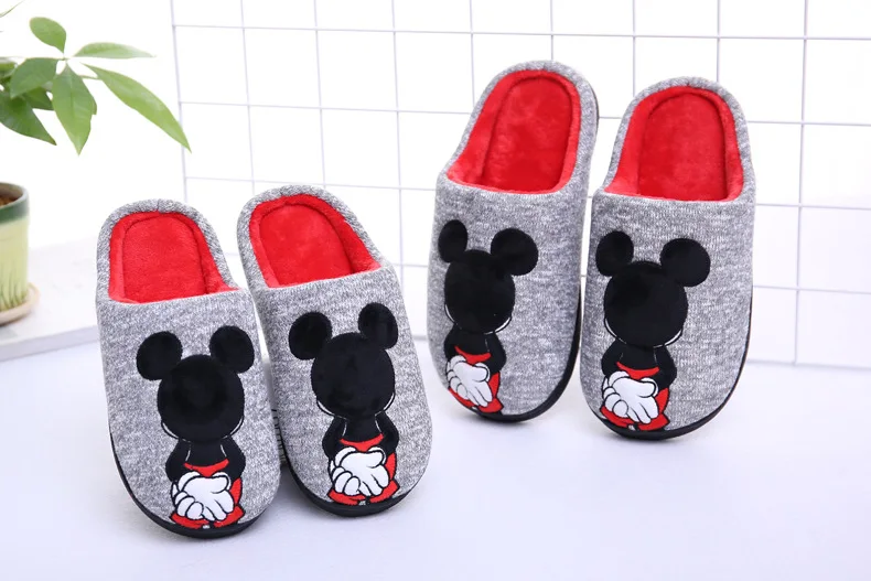 Disney/Детские хлопковые тапочки новые зимние домашние теплые Нескользящие хлопковые тапочки для мальчиков полосатые туфли с Микки из мультфильма для родителей и детей