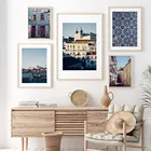 Ретро-постер Португалии, принты, португальская плитка, синяя дверь, здание, винтажное настенное искусство, холст, живопись, городская фотография, домашний декор
