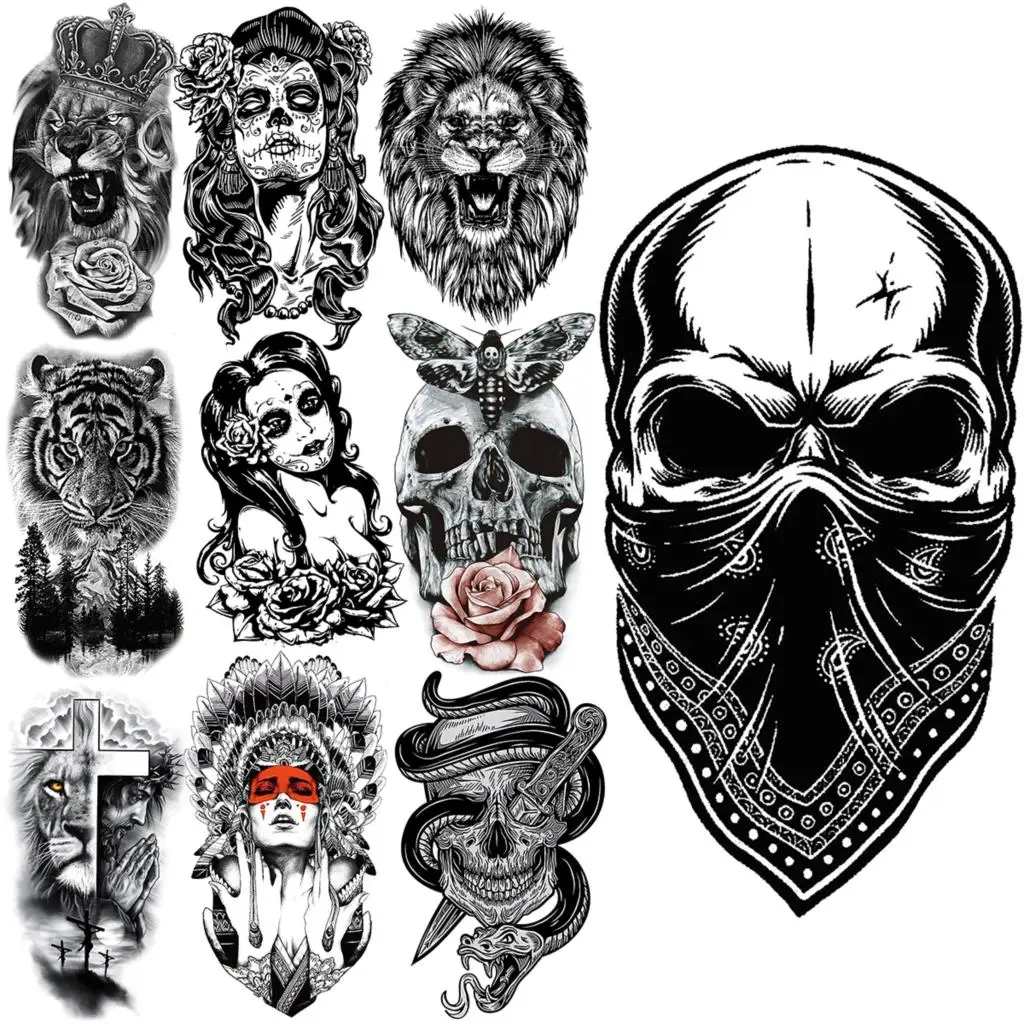 

Skull Temporary Tattoos For Adults Men Realistic Tiger Lion Forest Praying Tatoos Vampire Snake Fake Tattoo Sticker Body Leg